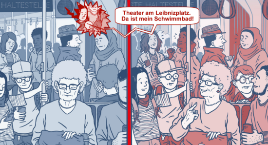 Kleine Stimmen auf großer Fahrt, eine Karikatur auf der mehrere Kinder Haltestellenansagen einsprechen