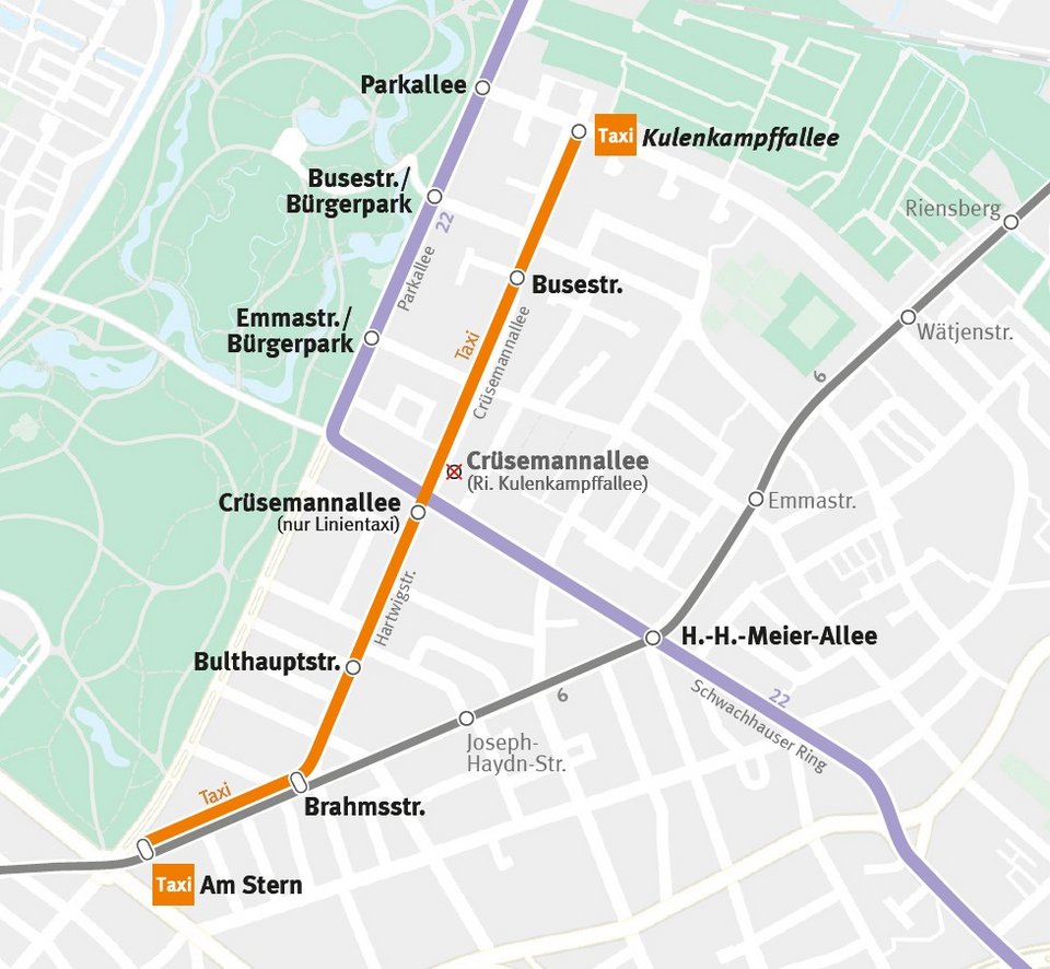 Grafische Darstellung Linie 22 und Ersatzverkehr mit Taxi