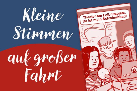 Kleine Stimmen auf großer Fahrt, eine Karikatur auf der mehrere Kinder Haltestellenansagen einsprechen