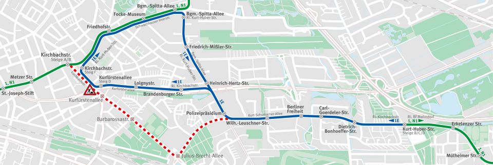 Umleitung der Linien 1, N1 und Ersatzverkehr mit Bussen der Linie 1E