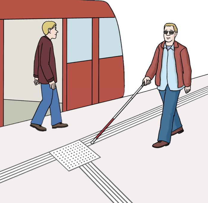 Blinde Person ertastet mit Blindenstab das Leitsystem um in die Straßenbahn einzusteigen Blinde Person ertastet mit Blindenstab das Leitsystem um in die Straßenbahn einzusteigen