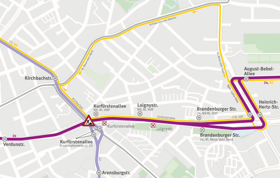 Umleitung der Linien 22, 24 und N9