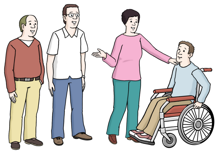 Eine im Rollstuhl sitzende Person in Begleitung Eine im Rollstuhl sitzende Person in Begleitung