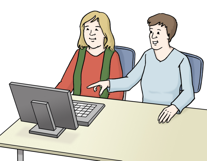 Zwei Personen sitzen vor einem Computer Zwei Personen sitzen vor einem Computer