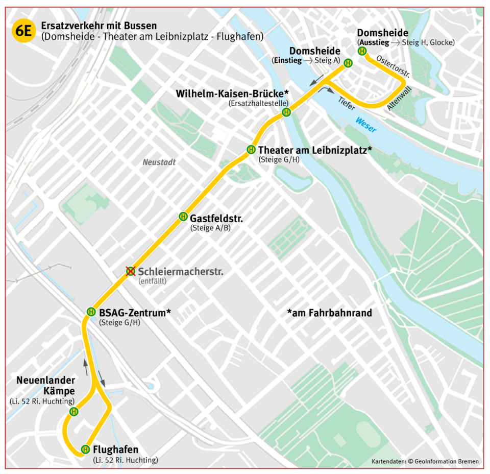 Darstellung Ersatzverkehr mit Bussen Linie 6E