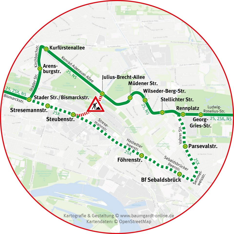 Streckenverlauf der Linien 25, 25X und N5