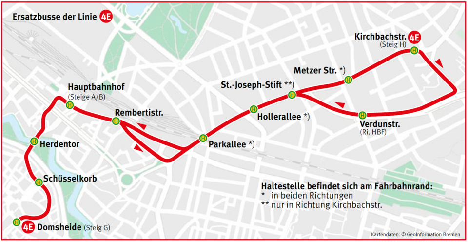 Darstellung Ersatzverkehr mit Bussen der Linie 4E