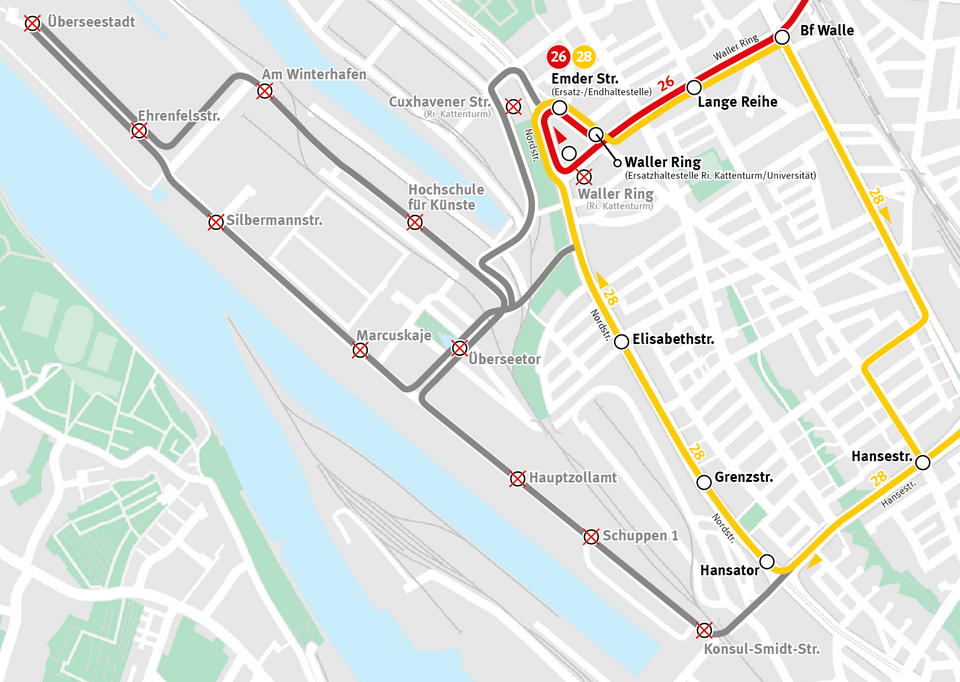 Umleitungen der Linien 26 und 28