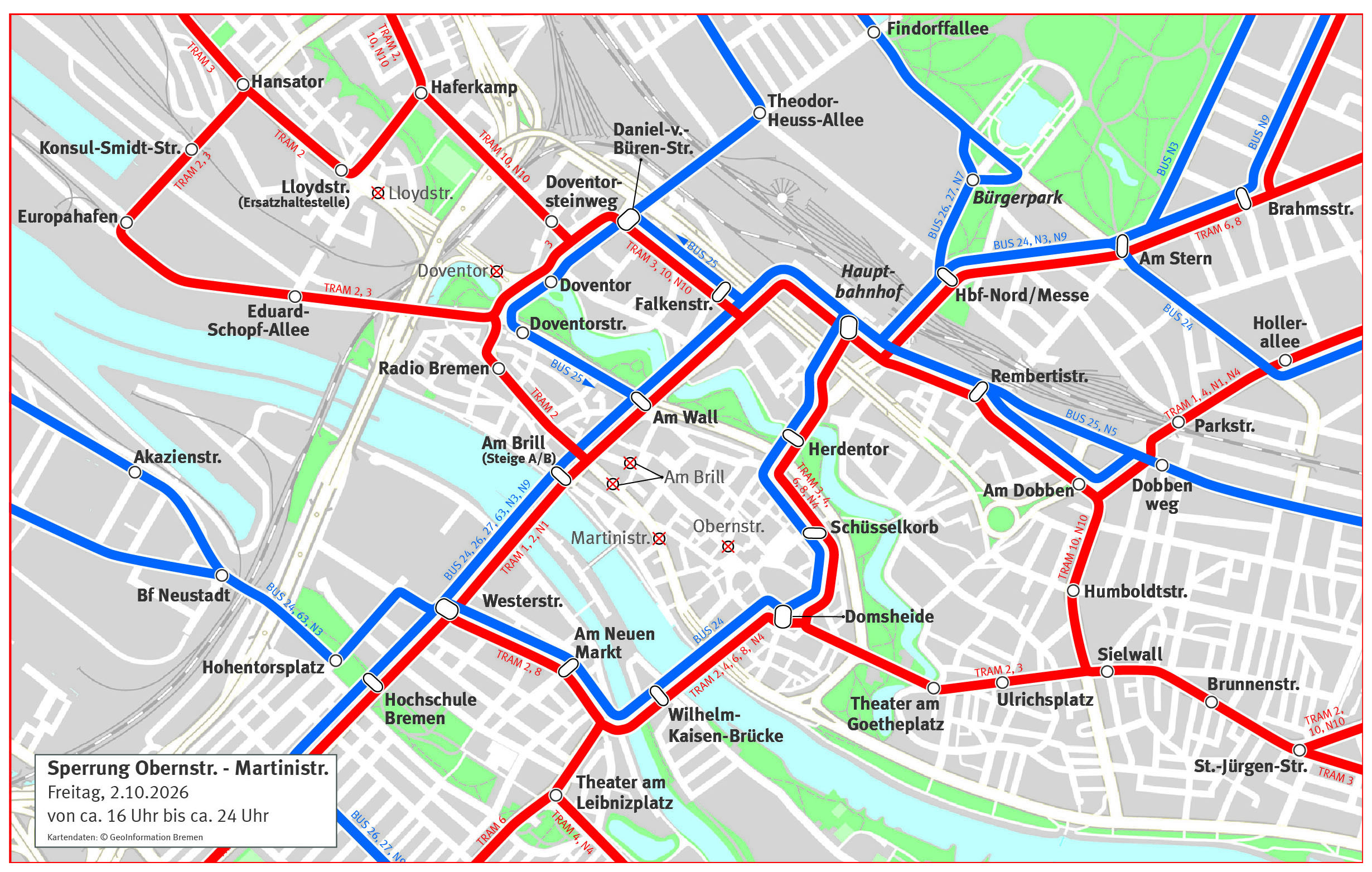 Liniennetz im Innenstadtbereich am 2. Oktober von ca. 16:00 bis ca. 24:00 Uhr.