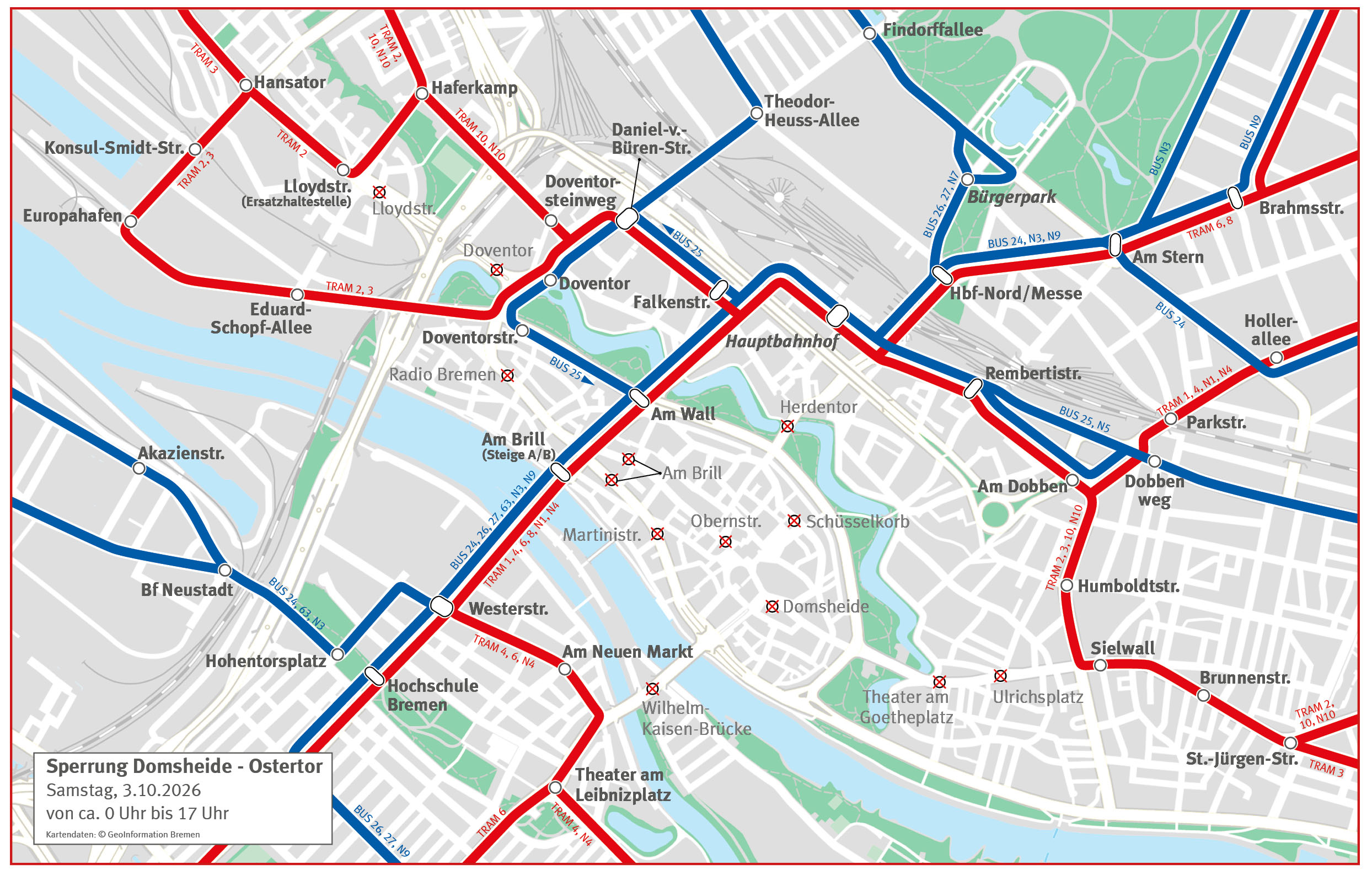 Liniennetz im Innenstadtbereich am 3. Oktober von 0:00 bis ca. 17:00 Uhr