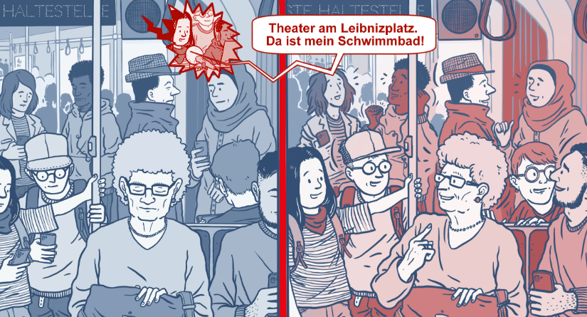 Kleine Stimmen auf großer Fahrt, eine Karikatur auf der mehrere Kinder Haltestellenansagen einsprechen