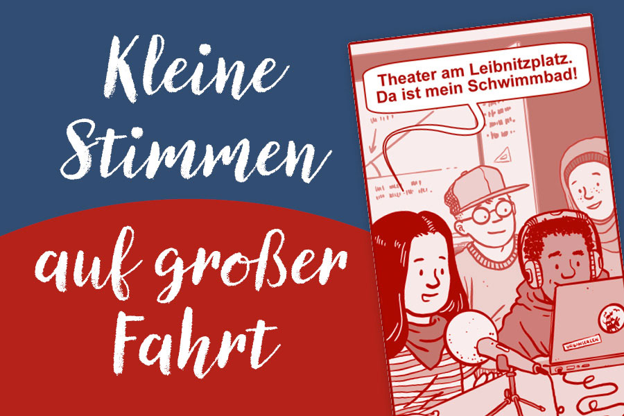 Kleine Stimmen auf großer Fahrt, eine Karikatur auf der mehrere Kinder Haltestellenansagen einsprechen